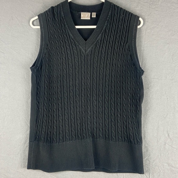 k n i t :: Vintage Cable Knit Tail Sweater Vest Black V Neck - Picture 1 of 8